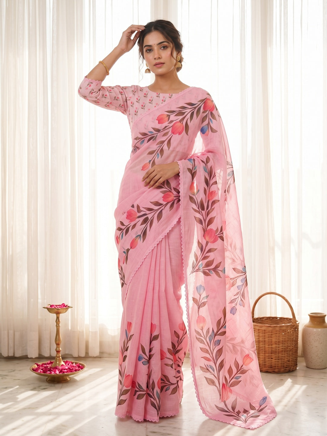 Peachmode Pink Linen Cotton Floral Printed Saree - Image 5