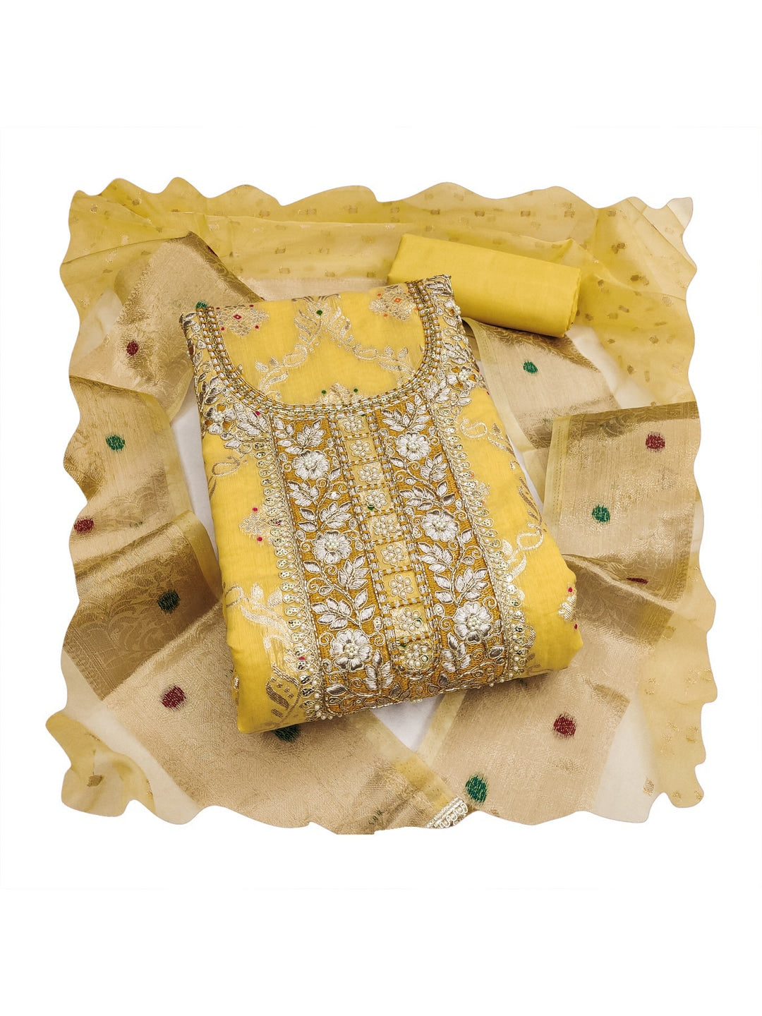 Peachmode Banarasi Cotton Yellow Unstitched Dress Material - Image 3