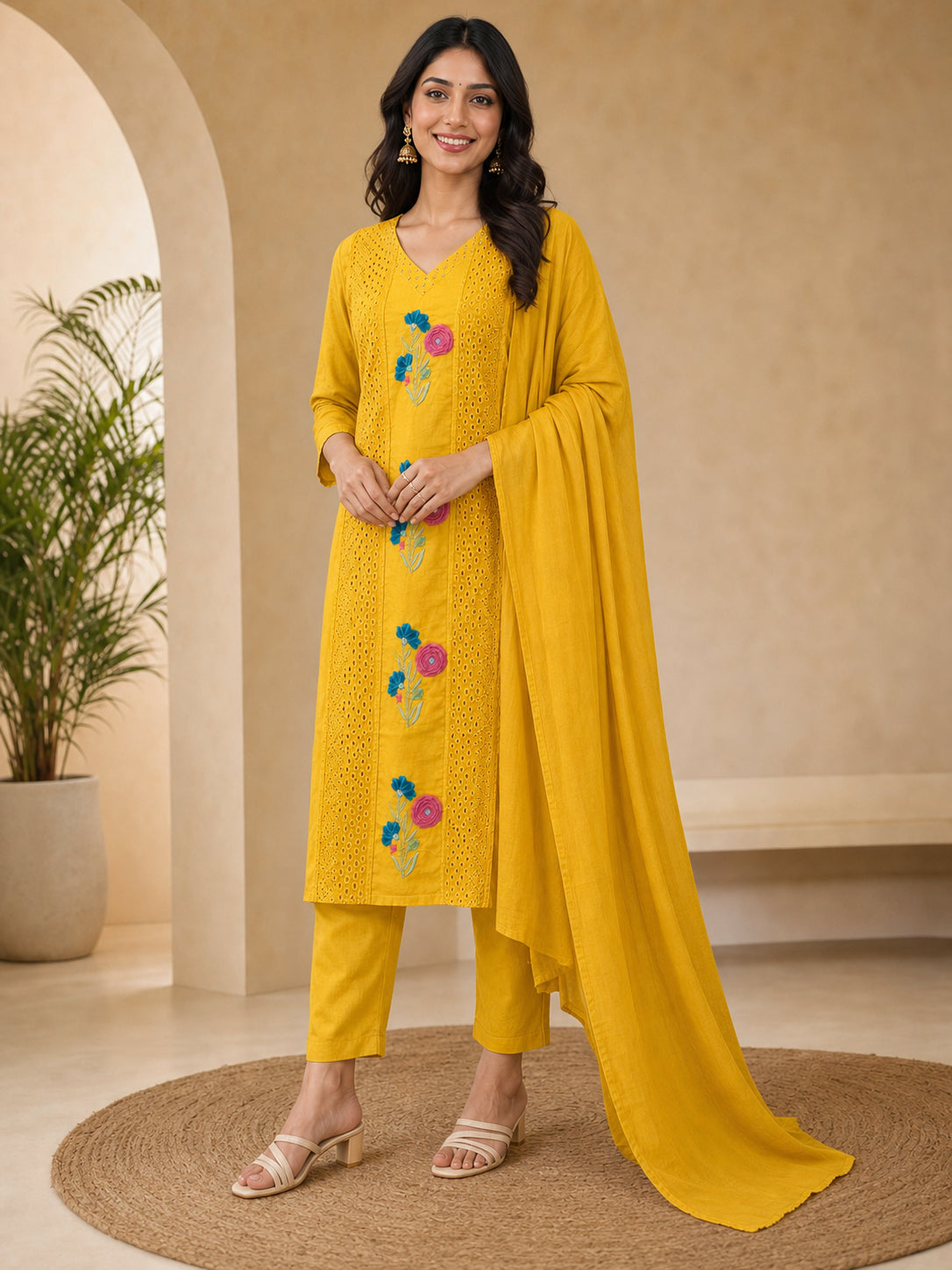 Peachmode Gold Mul Cotton Floral Embroidered Salwar Suit - Image 4
