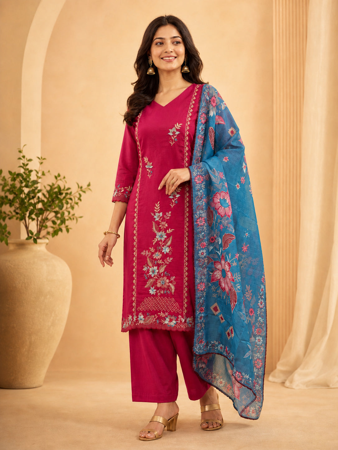Peachmode Rani Pink Mul Chanderi Embroidered Salwar Suit - Image 8