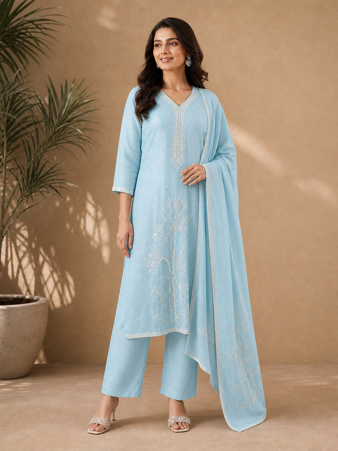 Peachmode Sky Blue Vichitra Silk Embroidered Salwar Suit - Image 4