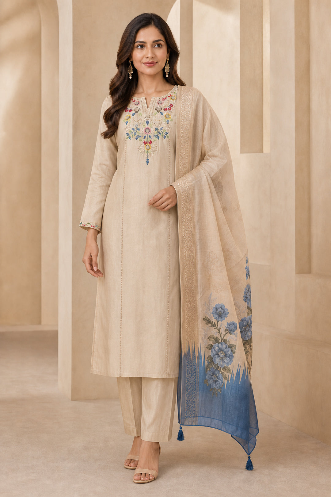 Chikoo Mul Chanderi Floral Embroidered Salwar Suit Set - Image 2