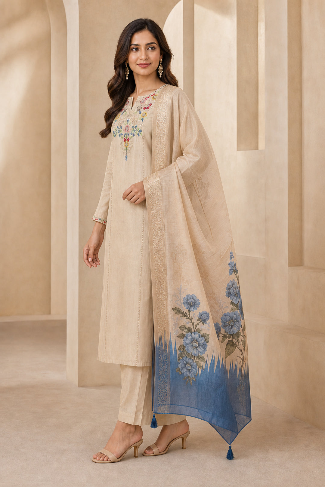 Chikoo Mul Chanderi Floral Embroidered Salwar Suit Set - Image 3