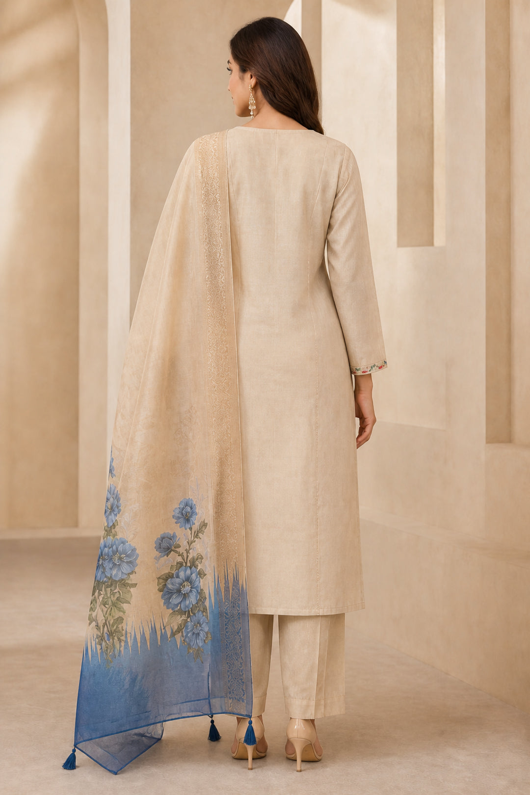 Chikoo Mul Chanderi Floral Embroidered Salwar Suit Set - Image 4
