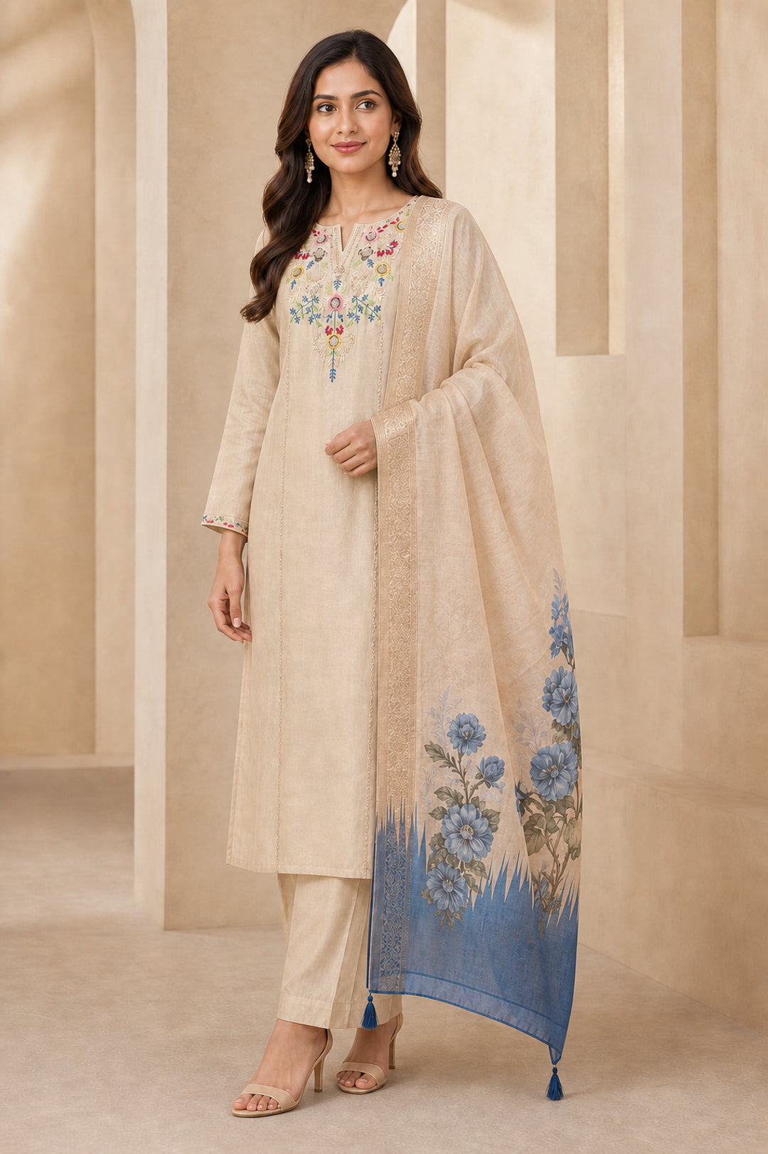 Chikoo Mul Chanderi Floral Embroidered Salwar Suit Set - Image 5