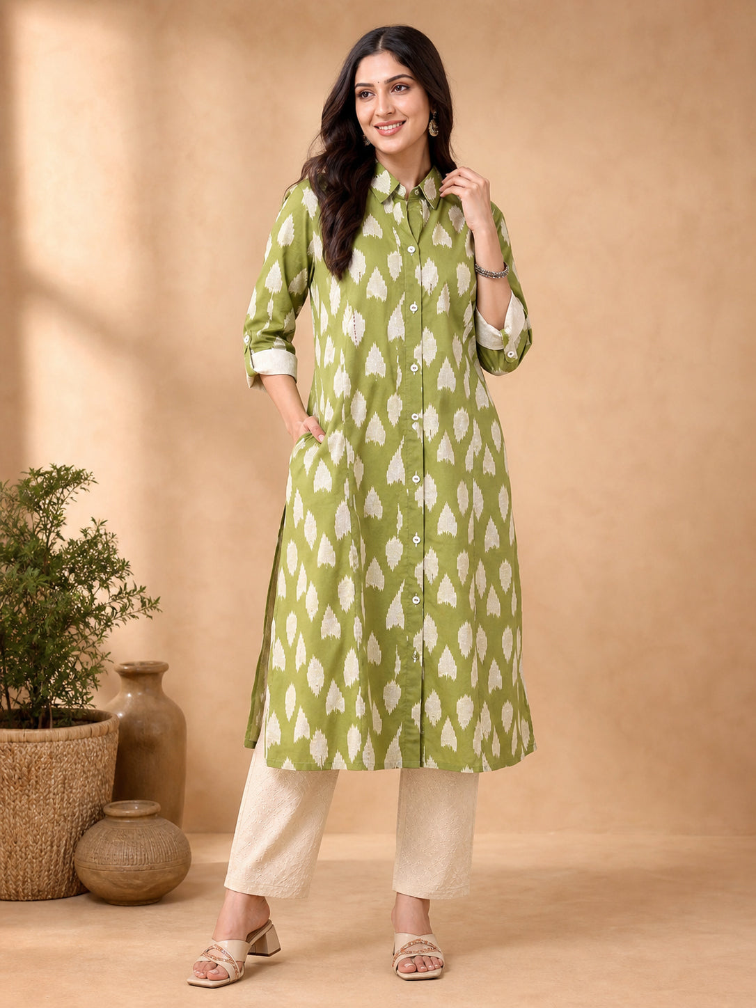Peachmode Green Pure Cotton Geometric Printed Co-ord Set - Image 1