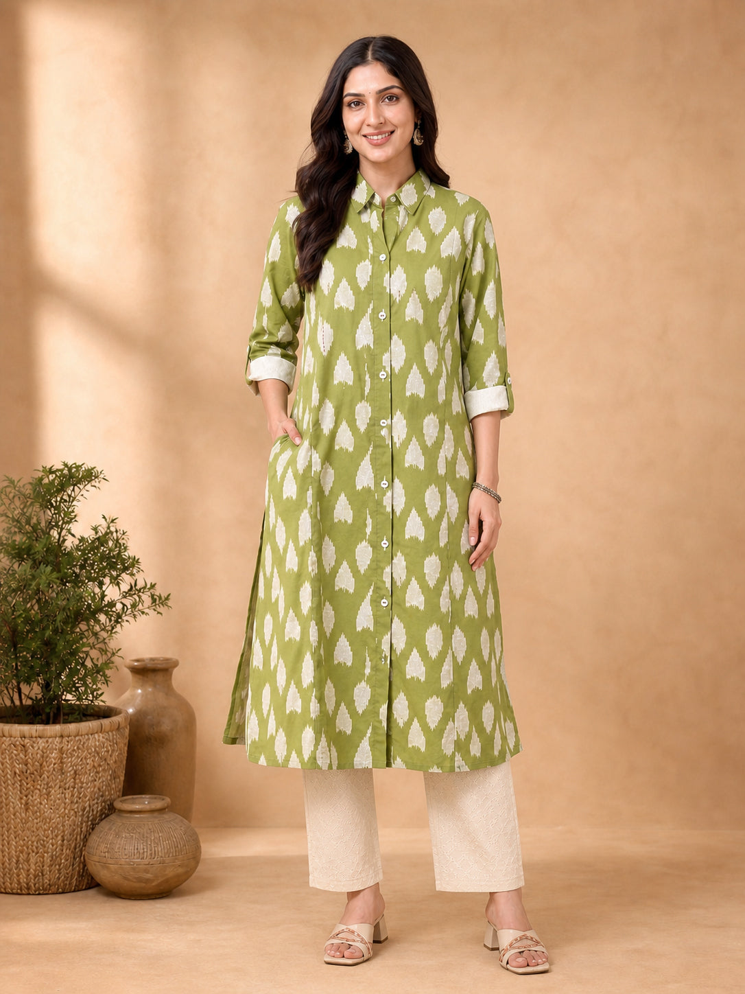 Peachmode Green Pure Cotton Geometric Printed Co-ord Set - Image 2