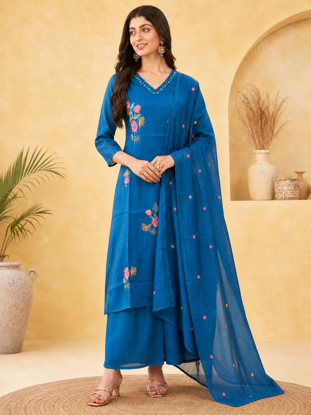 Peachmode Blue Chanderi Floral Embroidered Salwar Suit - Image 3