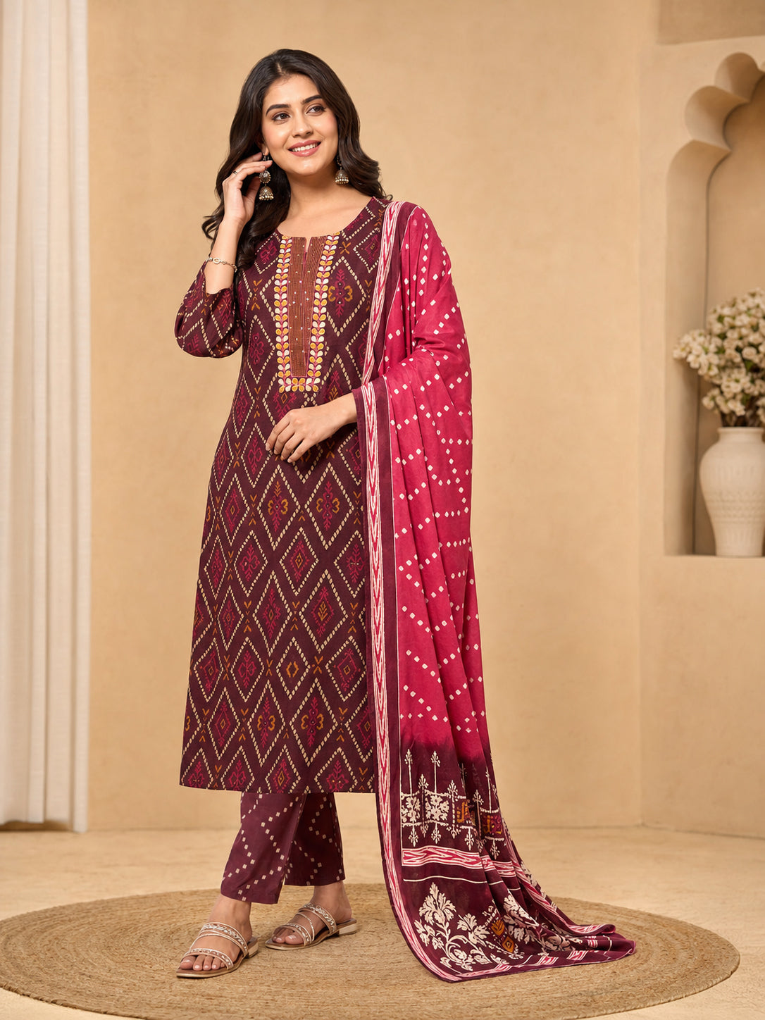 Peachmode Maroon Pure Cotton Geometric Printed Salwar Suit - Image 6