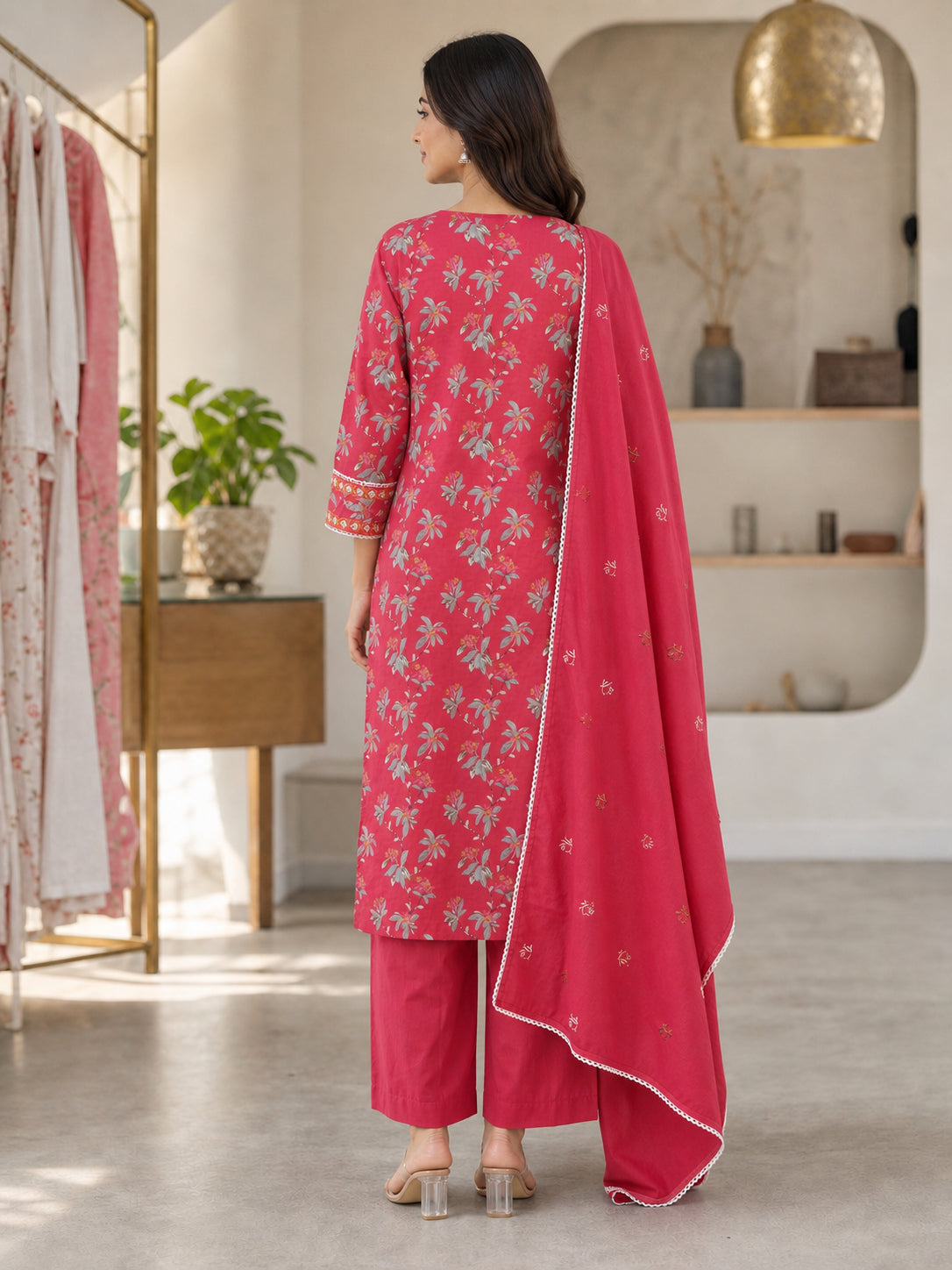 Red Pure Cotton Floral Printed and Embroidered Salwar Suit Set - Image 4