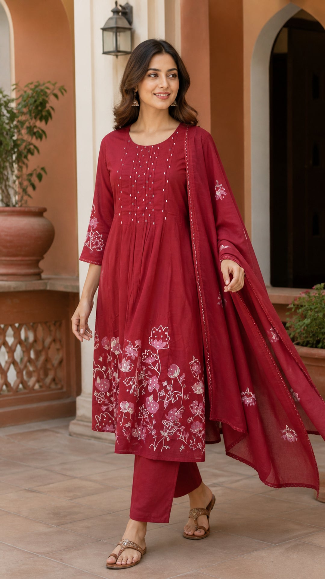 Maroon Pure Cotton Floral Embroidered Salwar Suit Set - Image 10