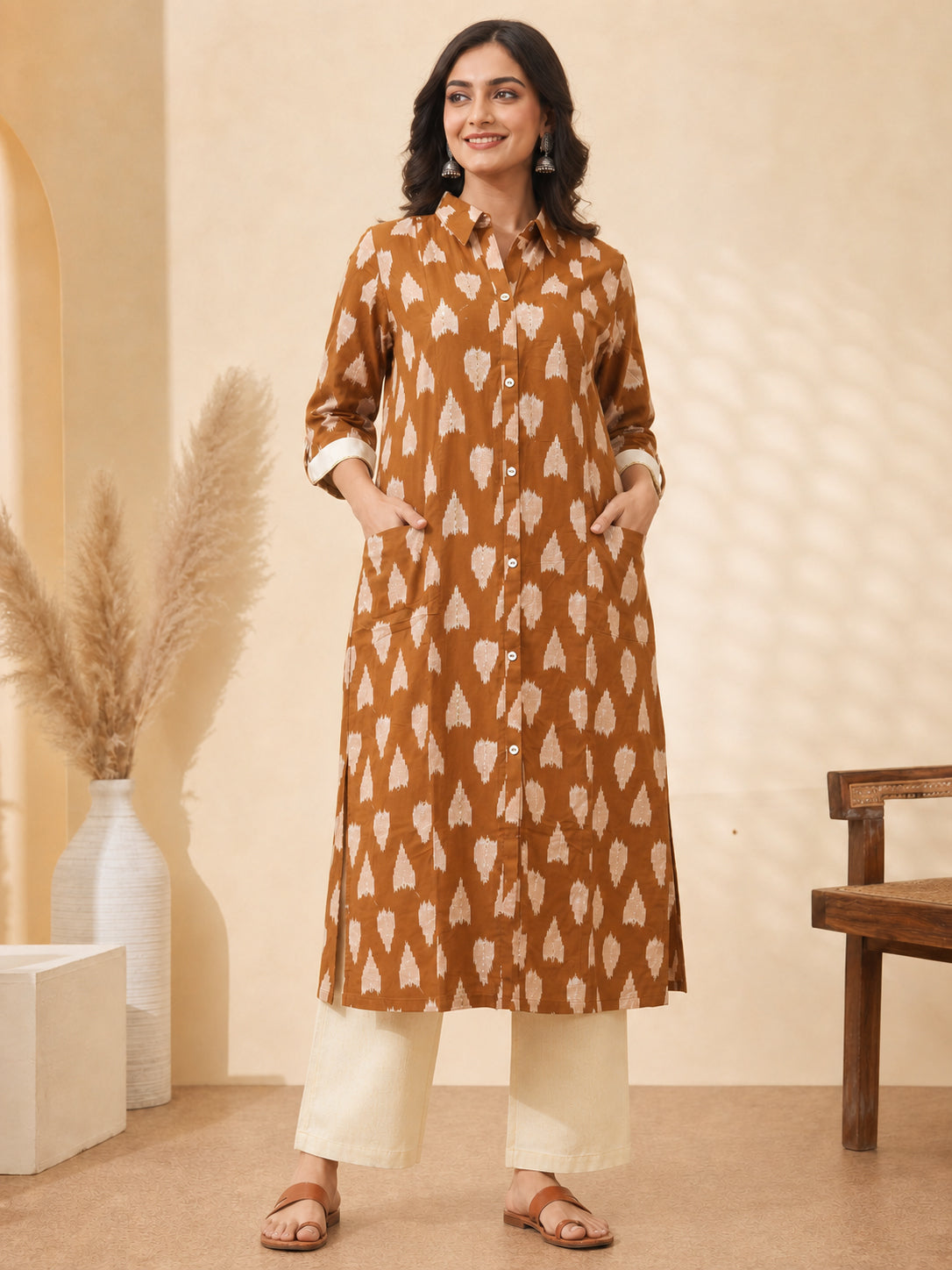 Peachmode Rust Pure Cotton Geometric Printed Co-ord Set - Image 2