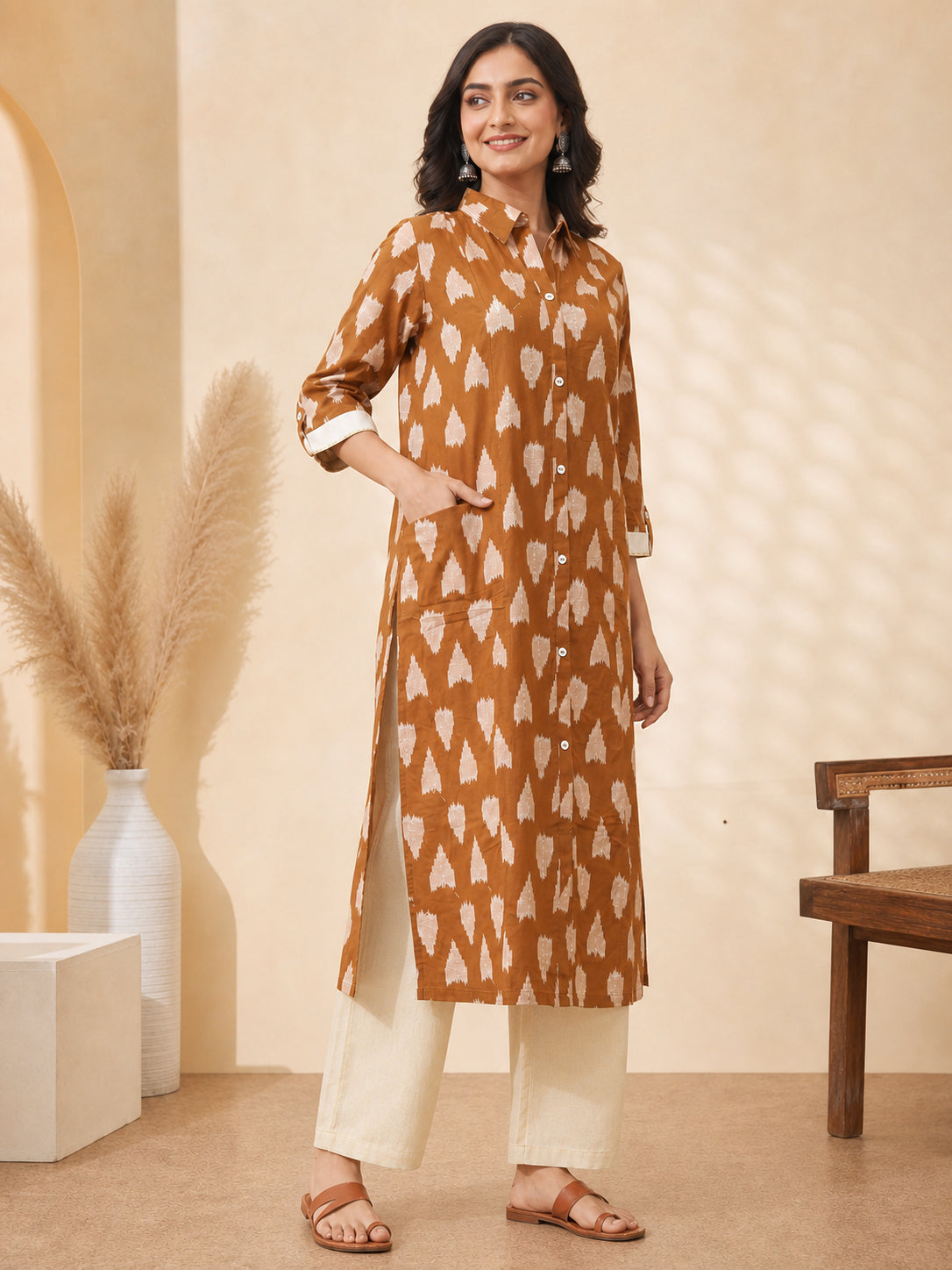 Peachmode Rust Pure Cotton Geometric Printed Co-ord Set - Image 3