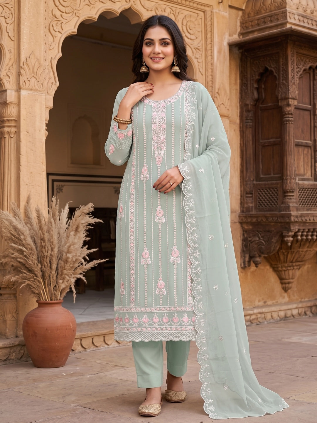 Sea Green Floral Hand Embroidered Georgette Semi Stitched Pakistani Suit - Image 2