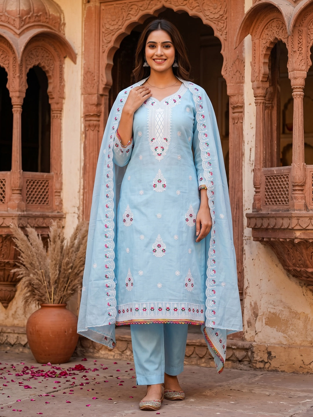 Sky Blue Cambric Cotton Dress Material With Elegant Floral Embroidery Work - Image 1