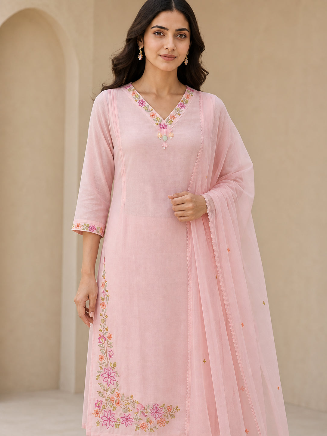 Peachmode Pink Chanderi Floral Embroidered Salwar Suit - Image 3