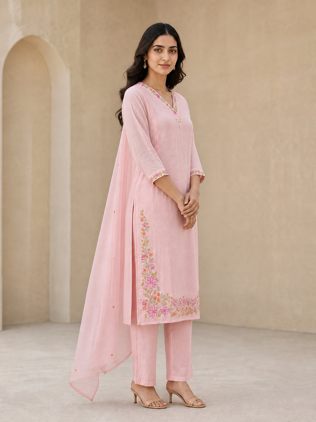 Peachmode Pink Chanderi Floral Embroidered Salwar Suit - Image 4