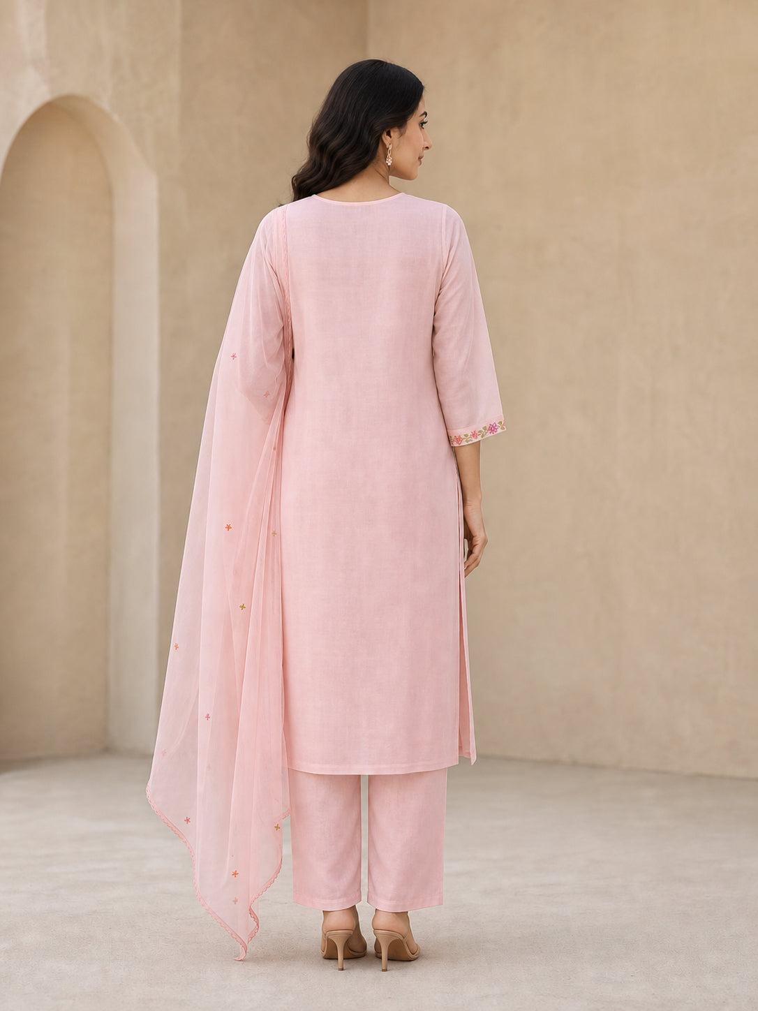 Peachmode Pink Chanderi Floral Embroidered Salwar Suit - Image 5