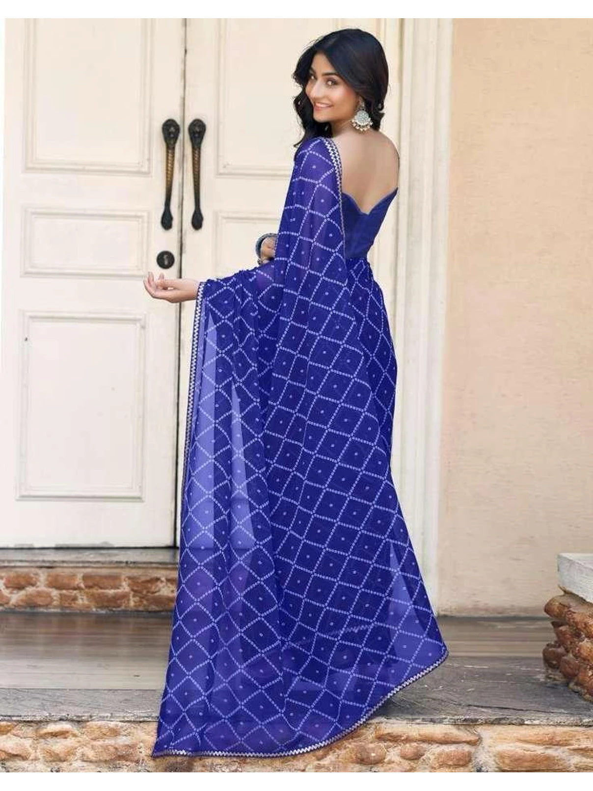 Peachmode Blue Georgette Bandhani Saree with Sequins Lace Border - Image 3