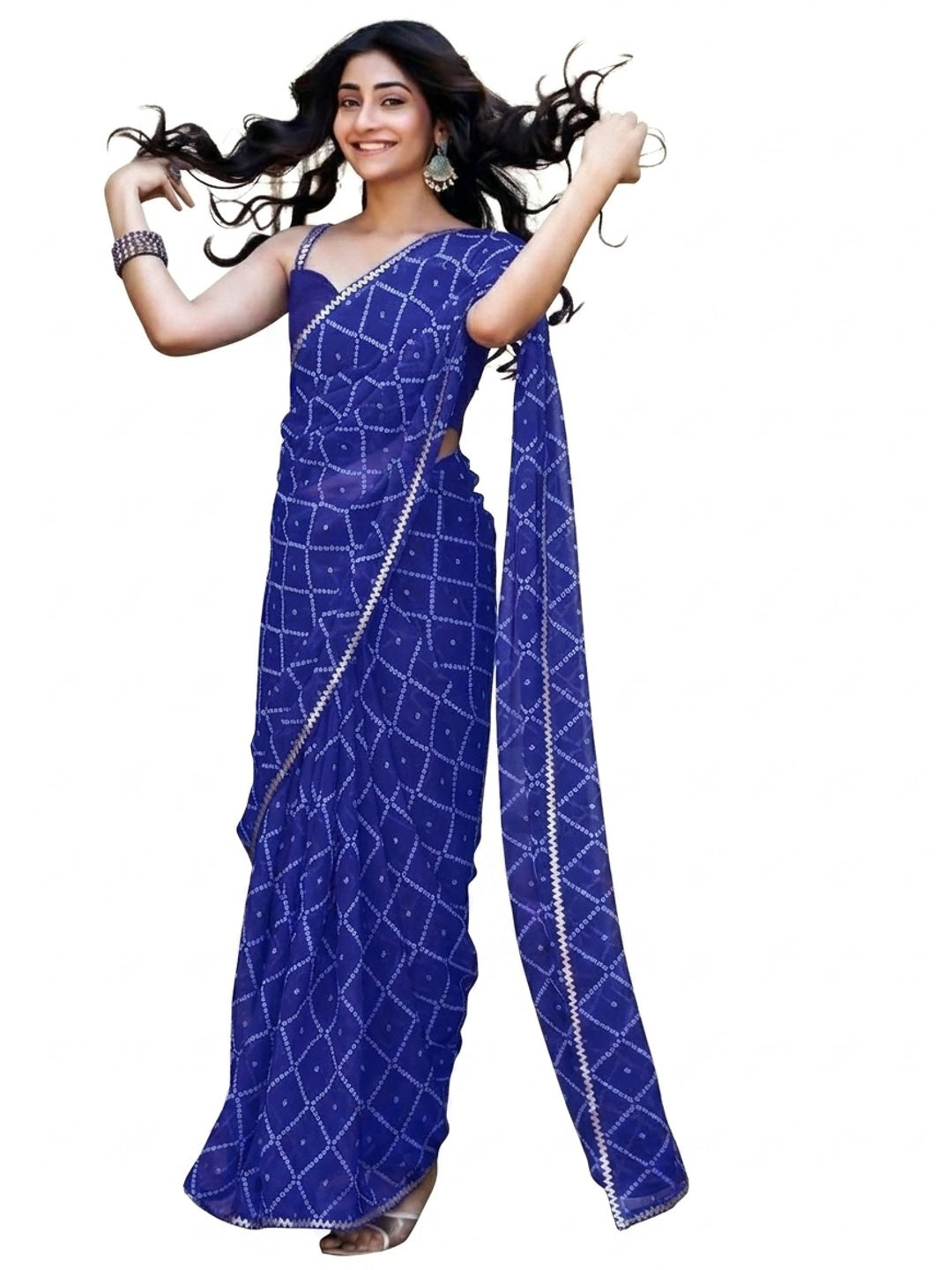 Peachmode Blue Georgette Bandhani Saree with Sequins Lace Border - Image 5