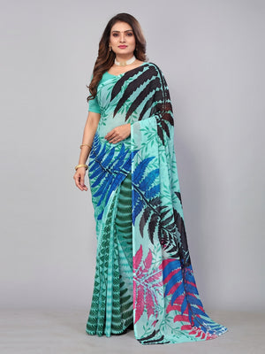 Turquoise Digital Printed Georgette Saree - Image 1