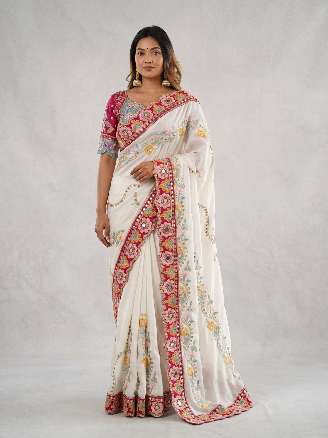 Peachmode White Rangoli Silk Saree with Mirror and Dori Embroidery - Image 2