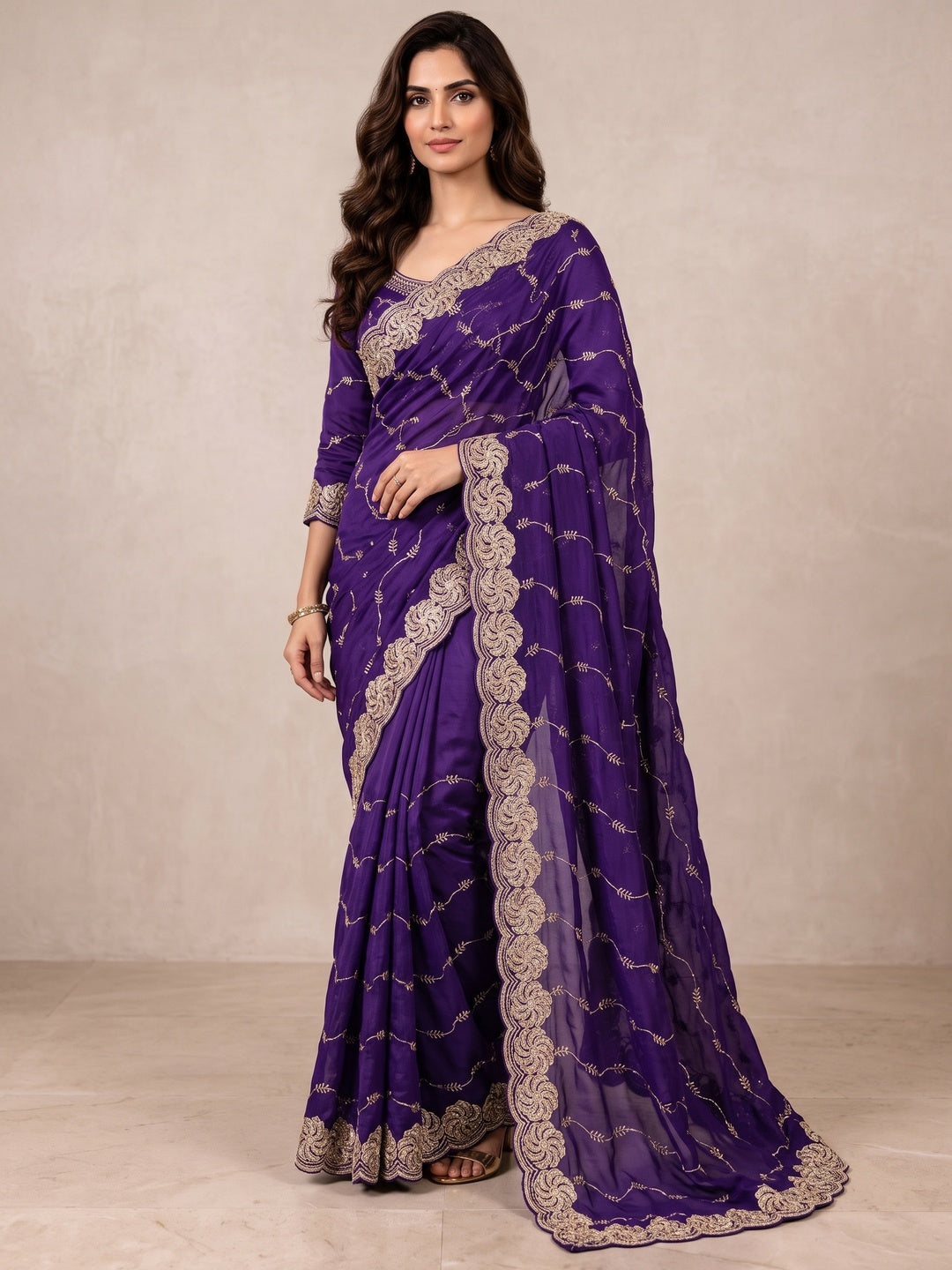 Feminine Violet Satin Saree with Sophisticated Embroidery Work - Image 3