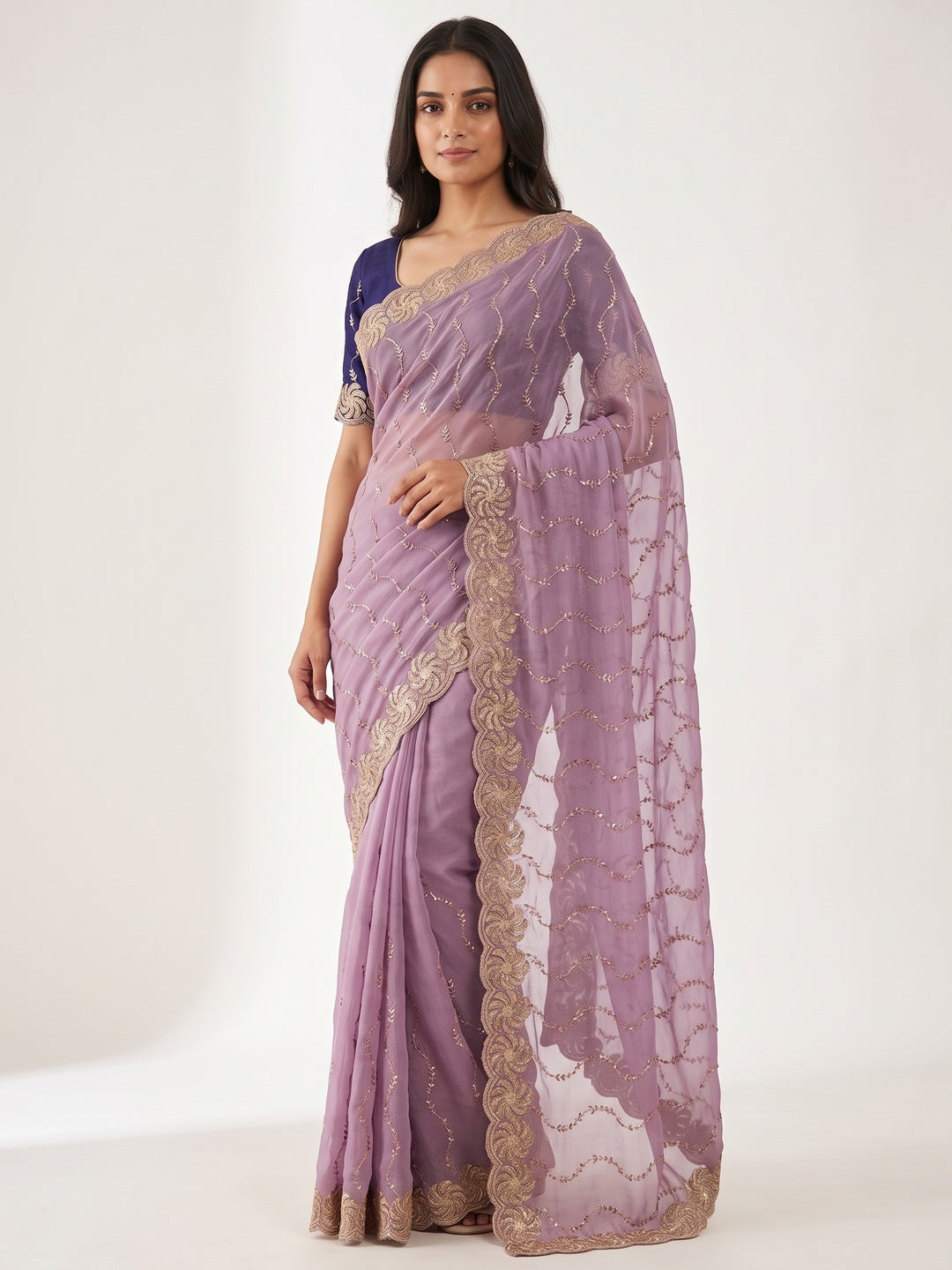 Graceful Lavender Beads Embellished Georgette Saree With Floral Embroidery Detailing - Image 3