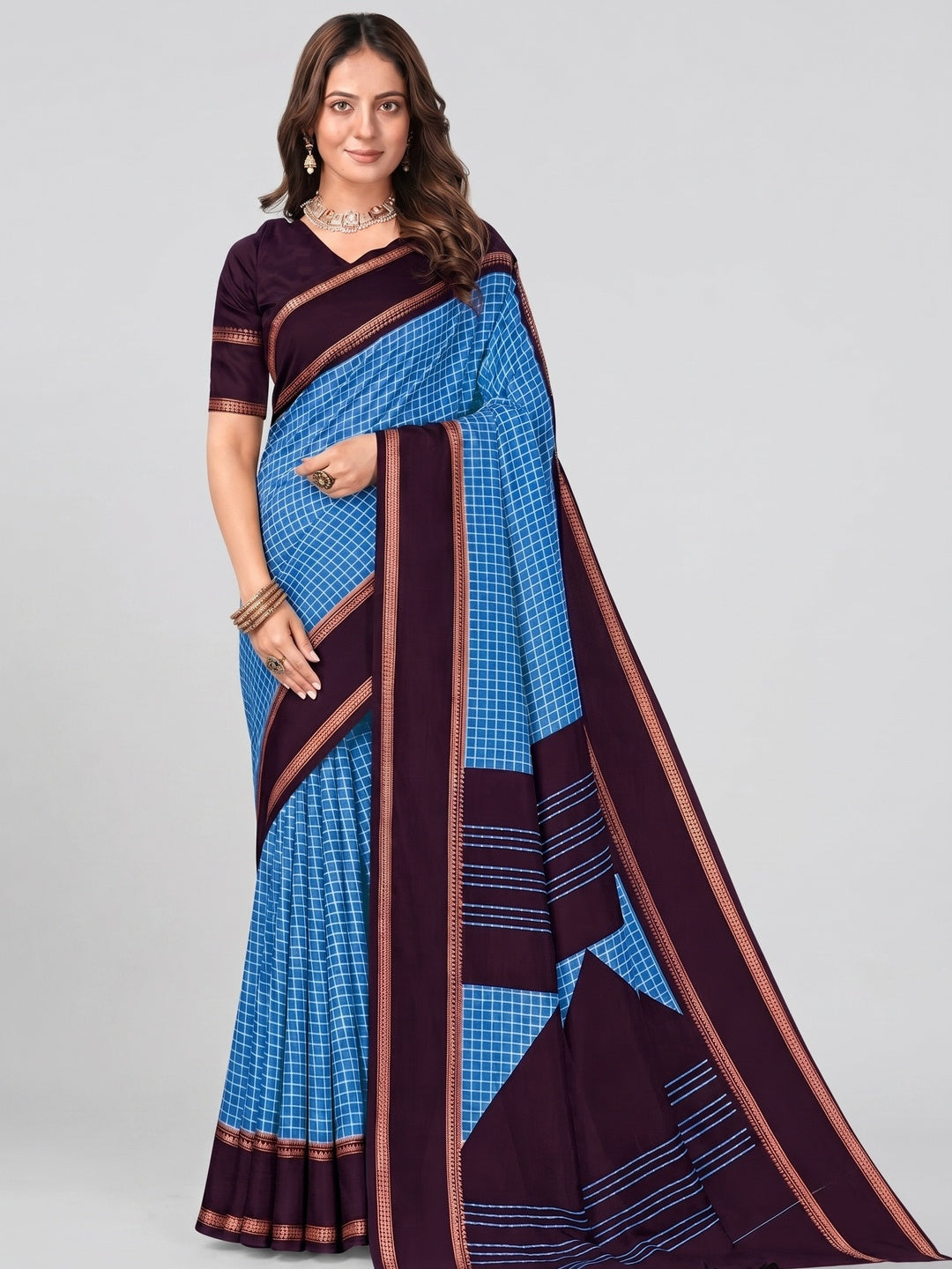 Peachmode Blue Tussar Saree with Checked - Image 2