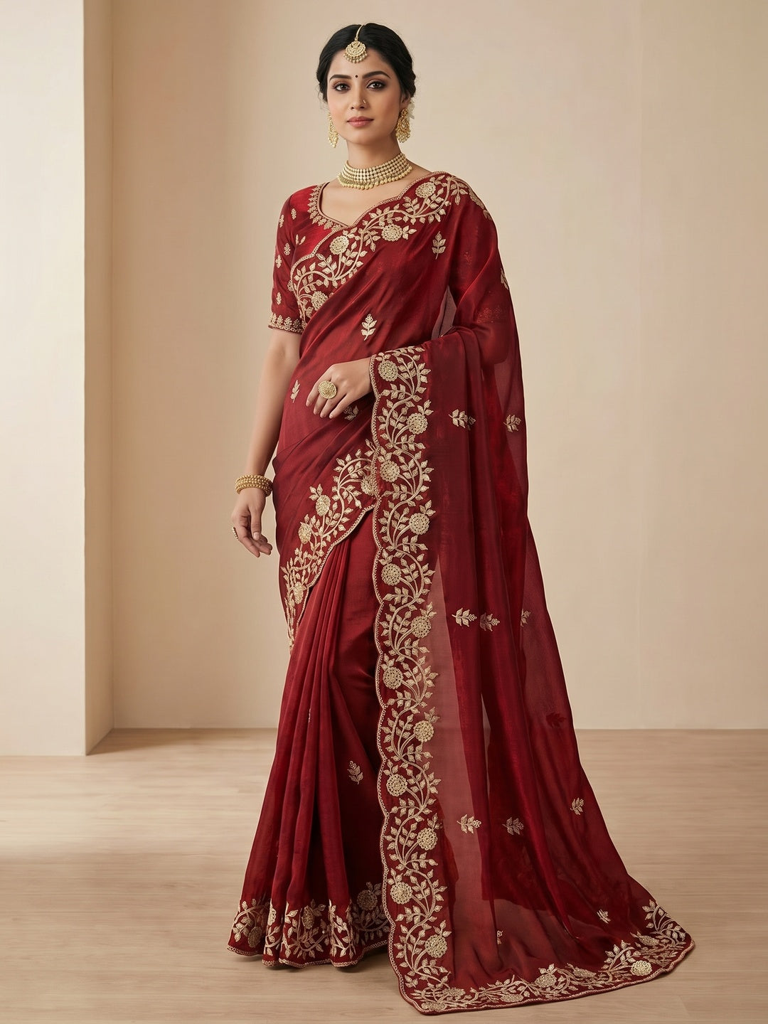 Maroon Party Wear Saree in Fandy Satin Fabric with Detailed Thread Embroidery Work - Image 3