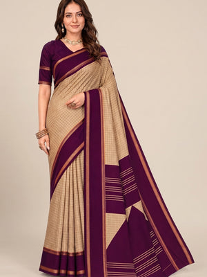 Peachmode Beige Tussar Saree with Checked - Image 2