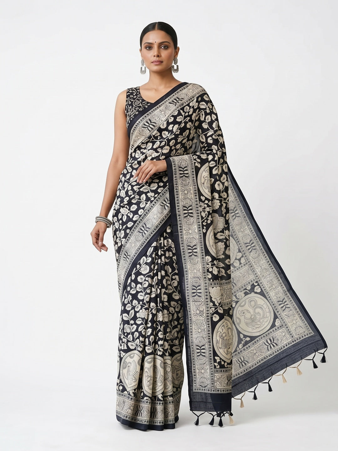 Elegant Black Mysore Silk Saree with Traditional Floral and Animal Print - Image 3