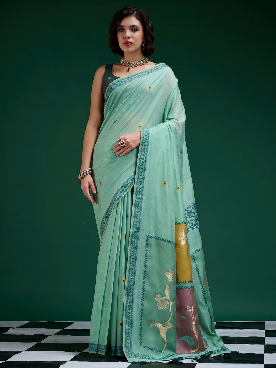 Designer Turquoise Jamdani Cotton Silk Saree With Floral Zari Weaving & Tassel Pallu - Image 3