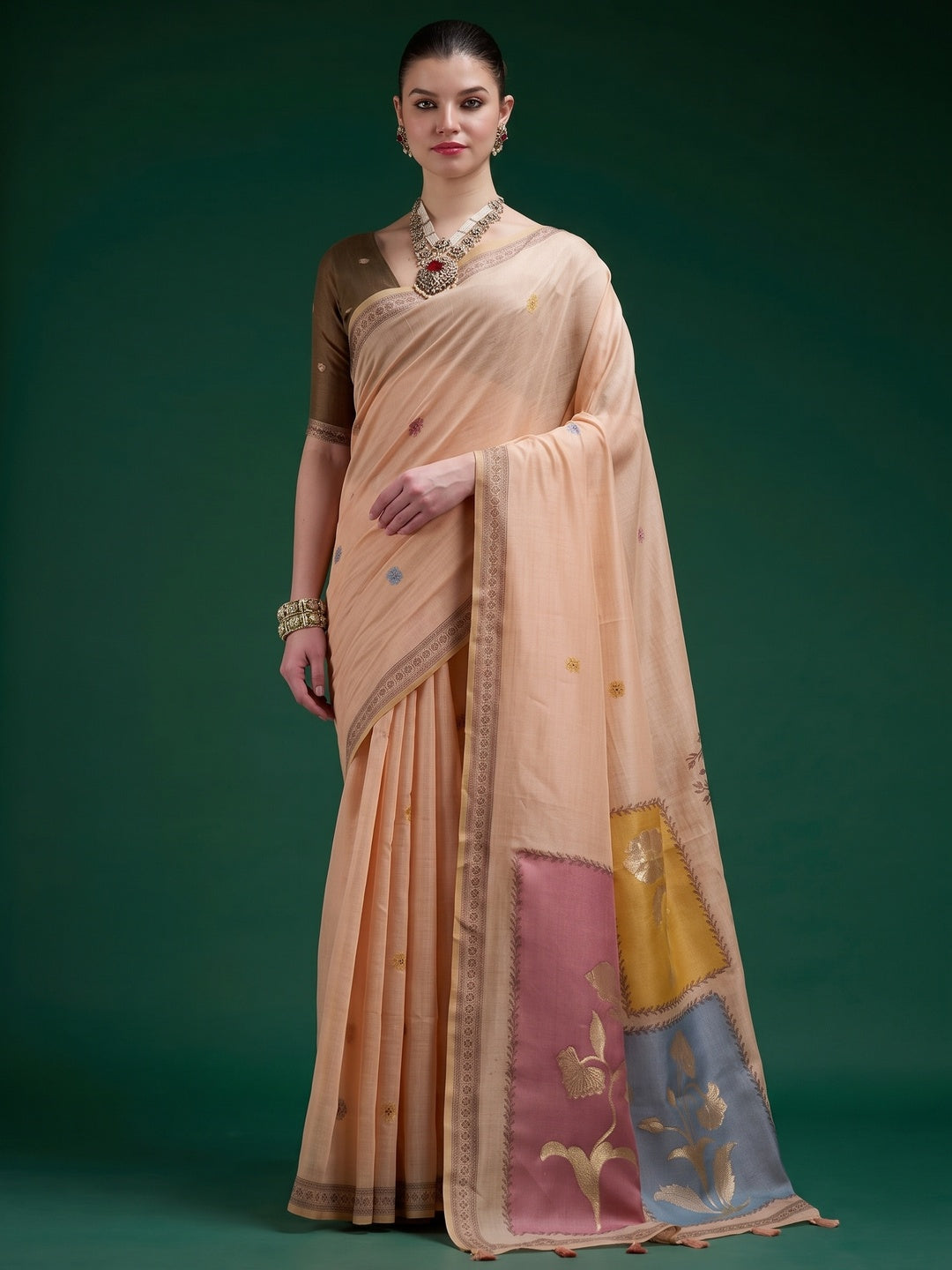 Designer Peach Jamdani Cotton Silk Saree With Floral Zari Weaving & Tassel Pallu - Image 3