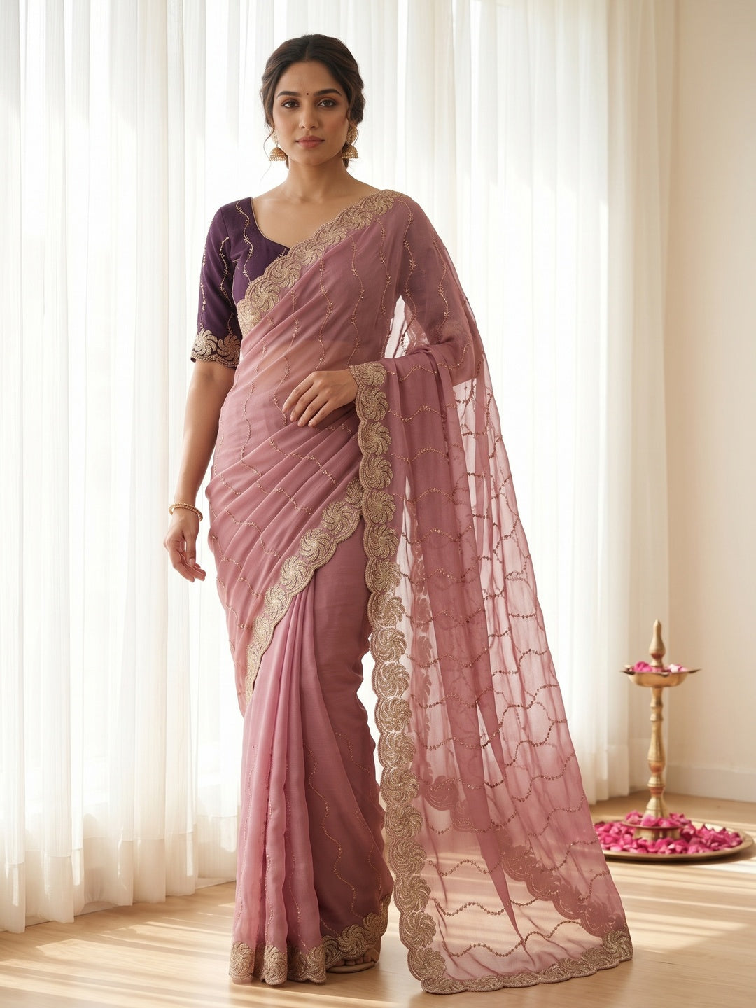 Graceful Onion Pink Beads Embellished Georgette Saree With Floral Embroidery Detailing - Image 3