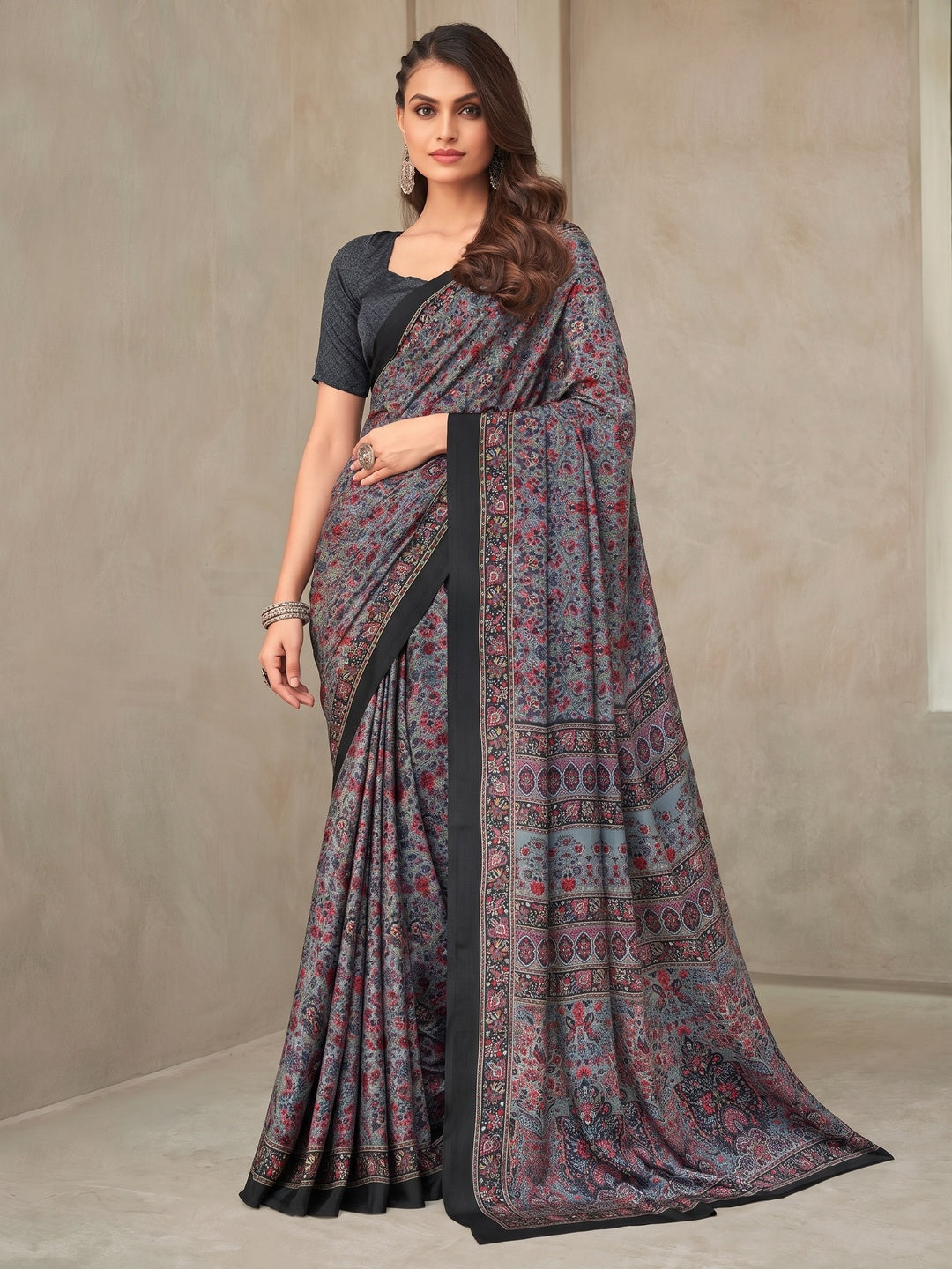 Grey Floral Printed Crepe Saree - Image 1