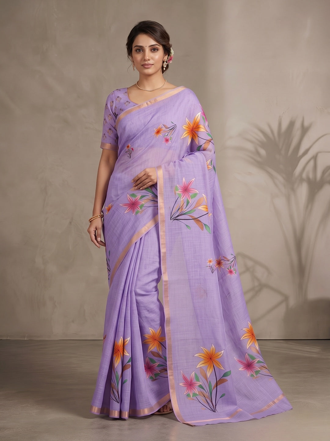 Lavender Floral Printed Linen Saree Adorned With Elegant Golden Zari Border Work - Image 3