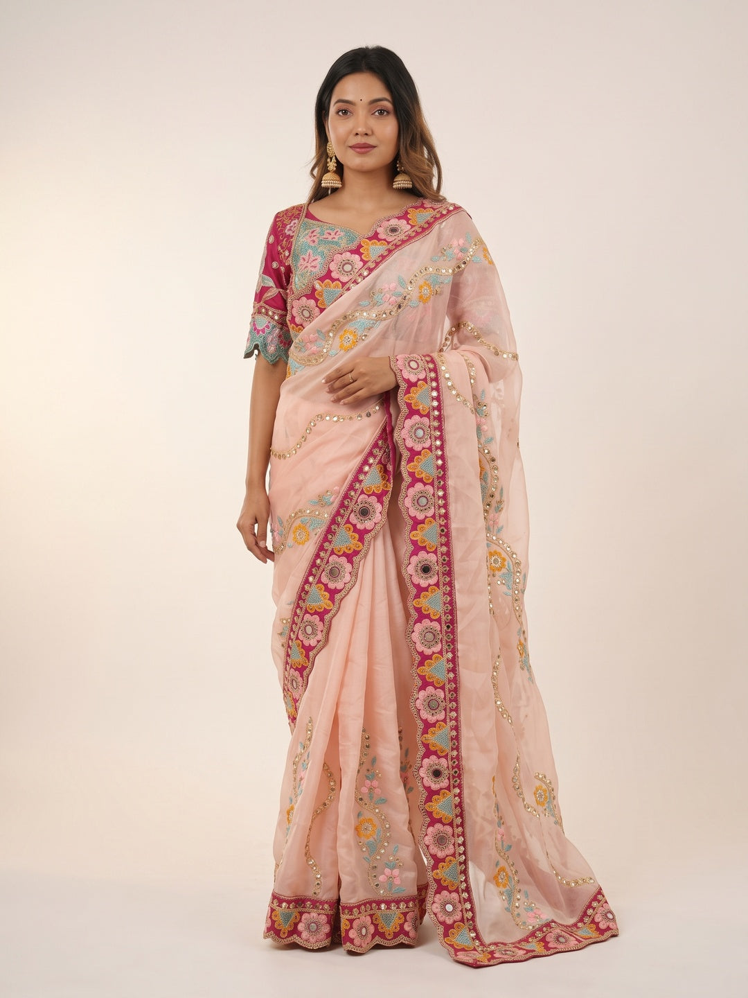 Peachmode Peach Rangoli Silk Saree with Mirror and Dori Embroidery - Image 2