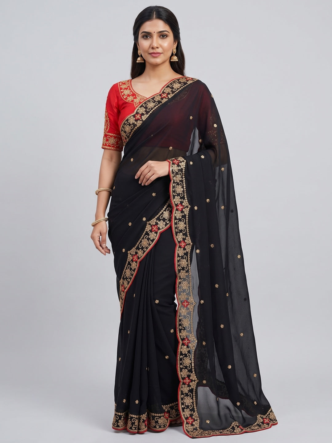 Elegant Black Georgette Saree with Exquisite Embroidered Scalloped Border - Image 3