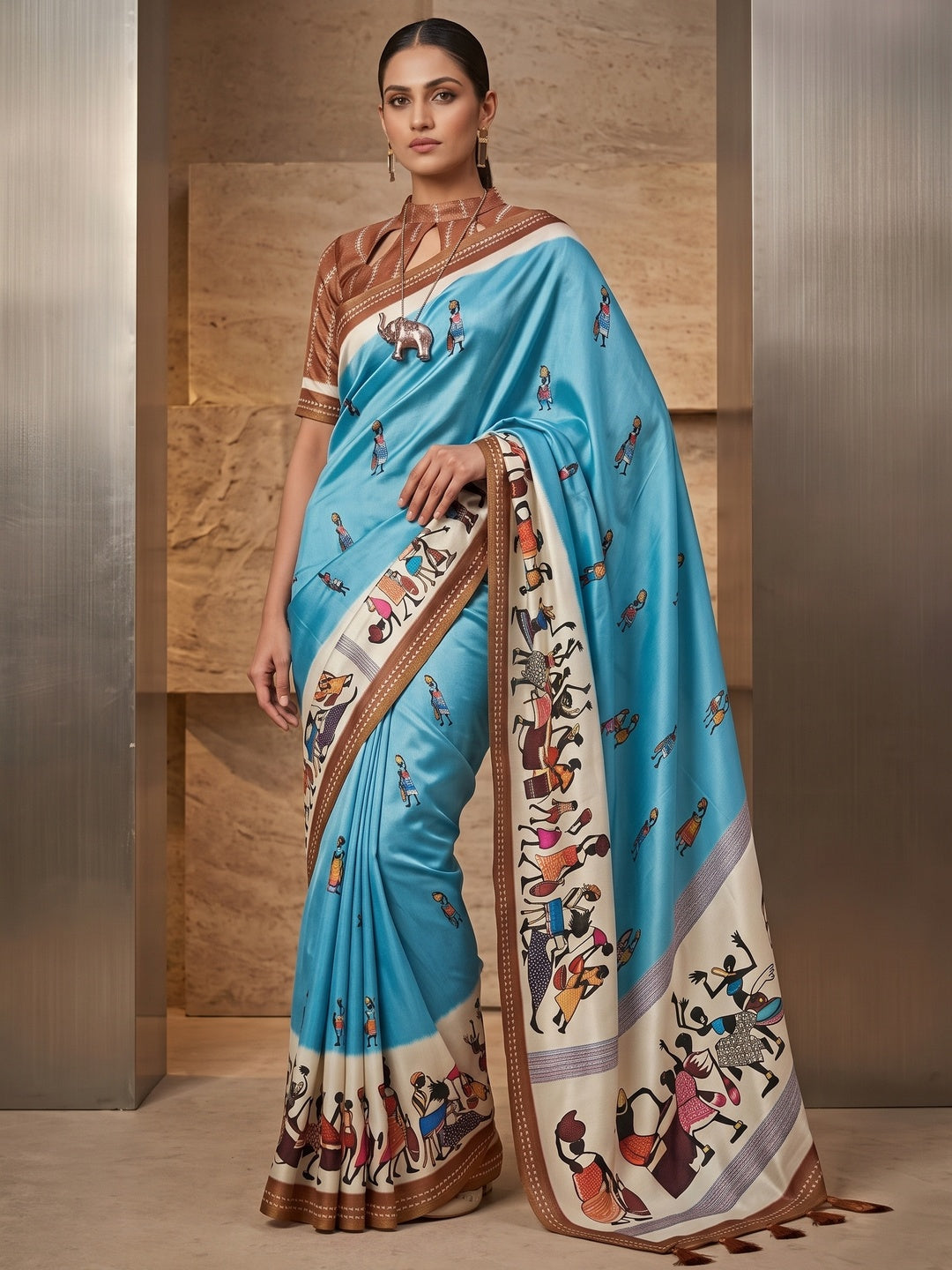 Charming Blue Warli Print Mulmul Cotton Saree Designed With Beautiful Border Work - Image 3