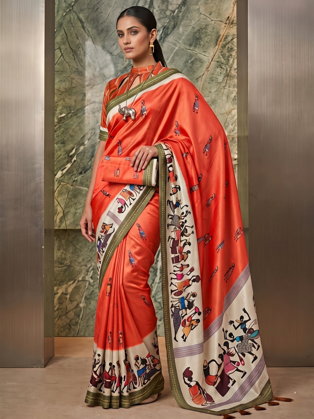 Charming Bright Red Warli Print Mulmul Cotton Saree Designed With Beautiful Border Work - Image 3