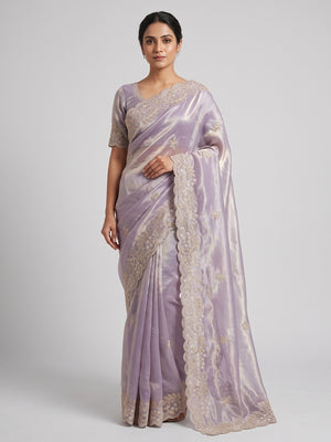 Peachmode Lavender Fandy Satin Saree with Dori Embroidered Cutwork Border - Image 2