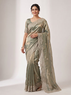 Peachmode Olive Fandy Satin Saree with Dori Embroidered Cutwork Border - Image 2