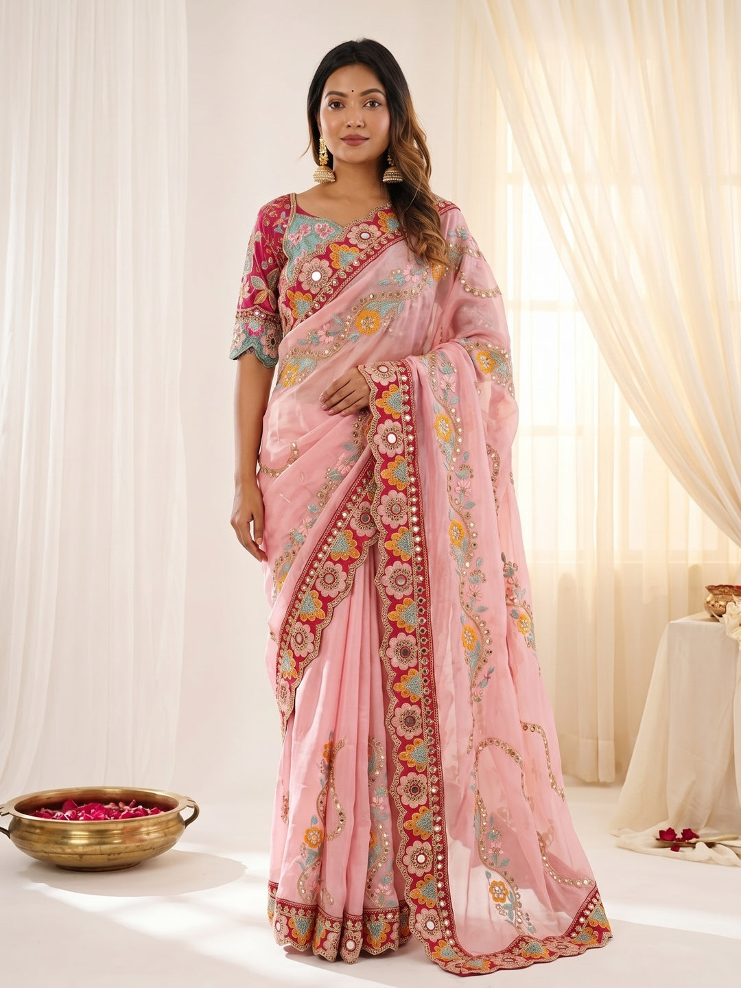 Peachmode Pink Rangoli Silk Saree with Mirror and Dori Embroidery - Image 2