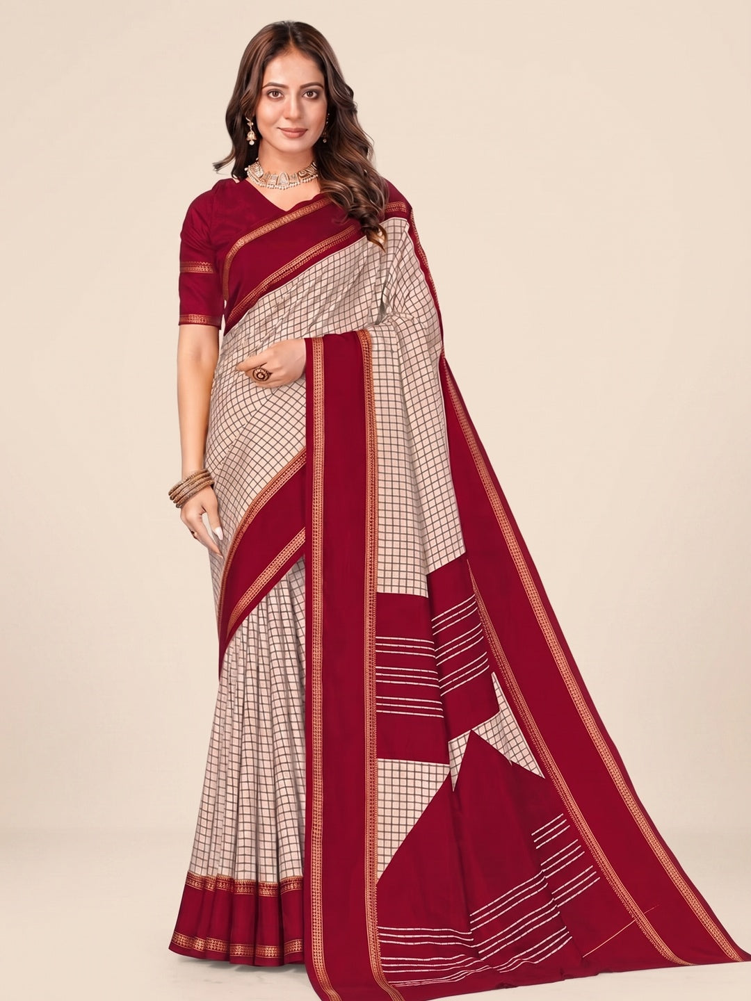 Peachmode Red Tussar Saree with Checked - Image 2