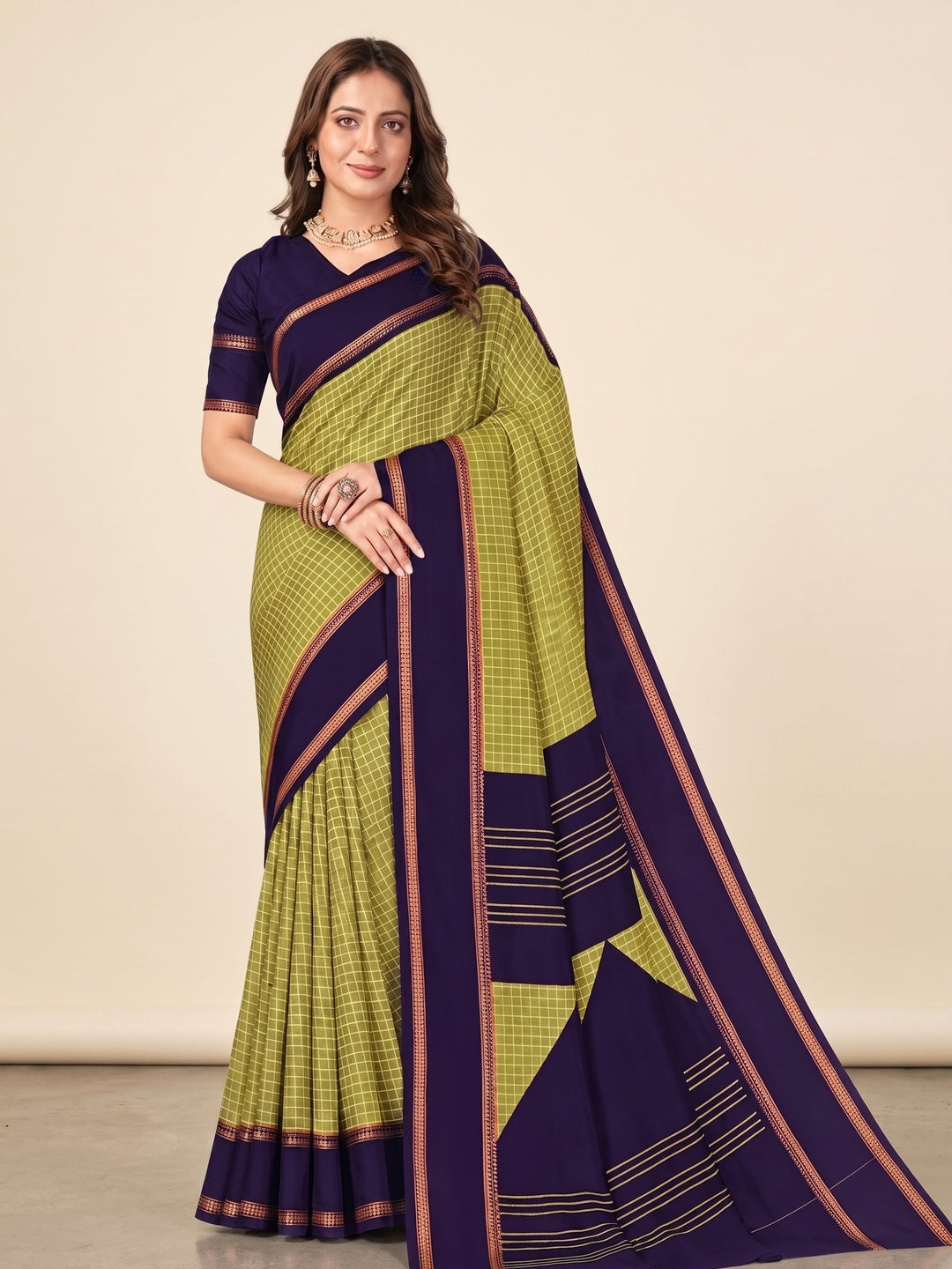 Peachmode Olive Tussar Saree with Checked - Image 2