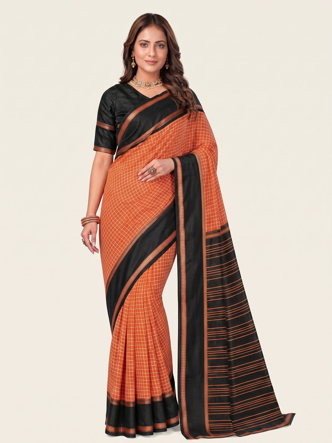 Peachmode Orange Tussar Saree with Checked - Image 2