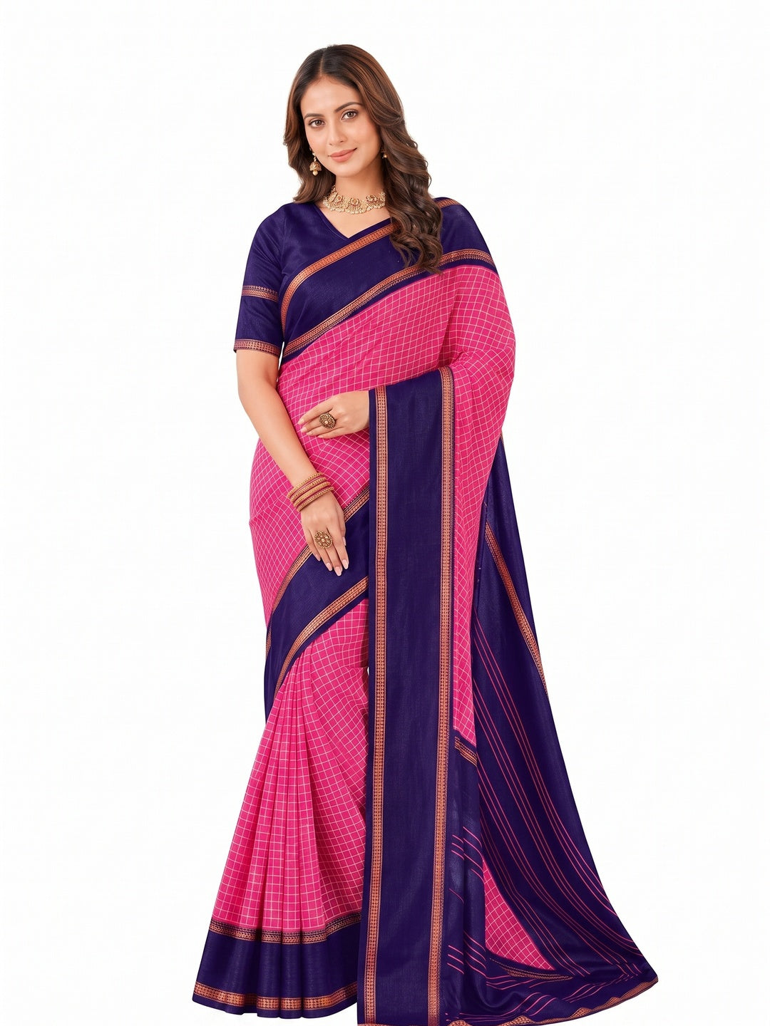 Peachmode Pink Tussar Saree with Checked - Image 2