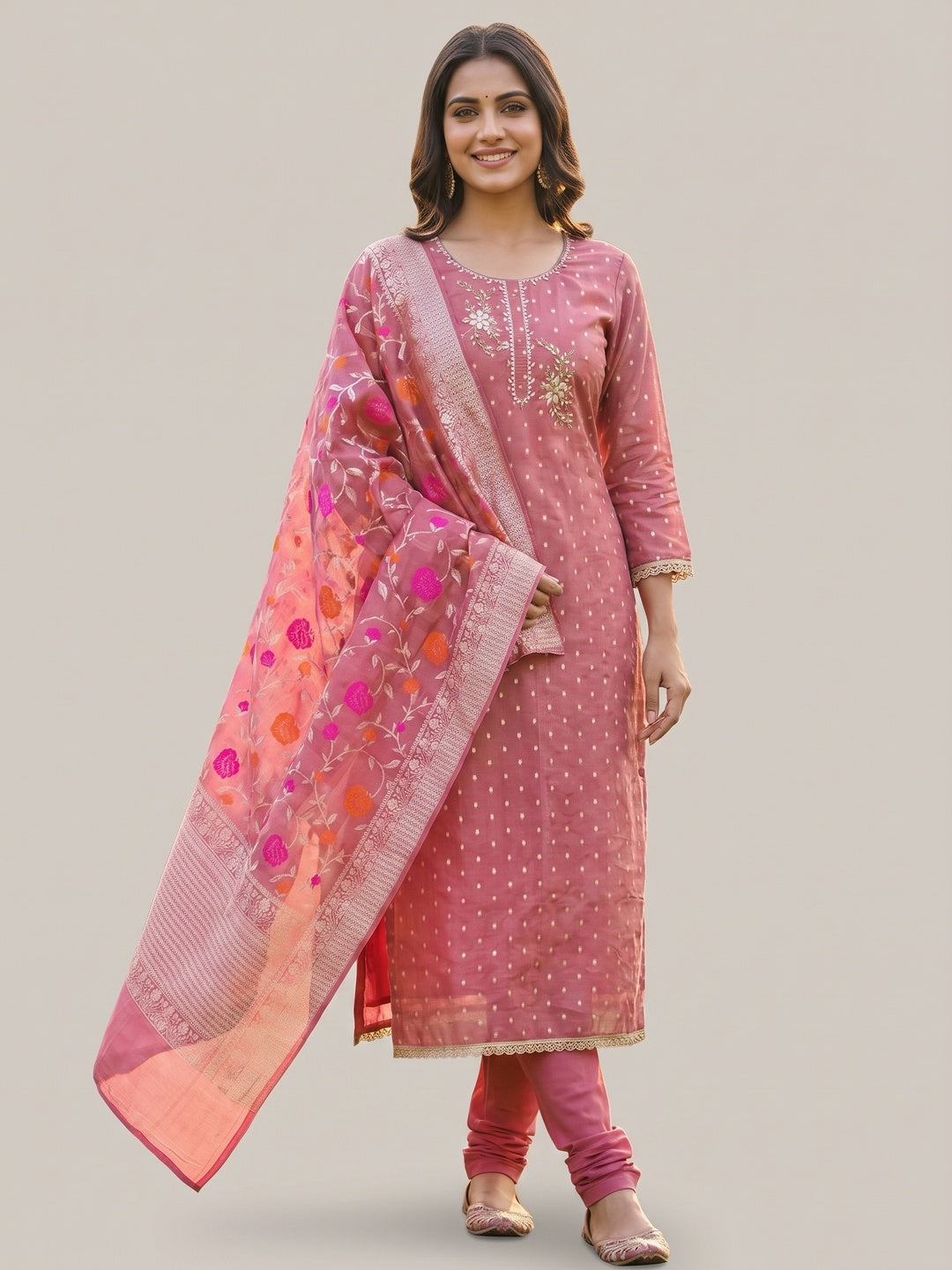 Elegant Pink Weaving Shimmer Banarasi Dress Material Adorned With Floral Moti & Sequin Work - Image 1