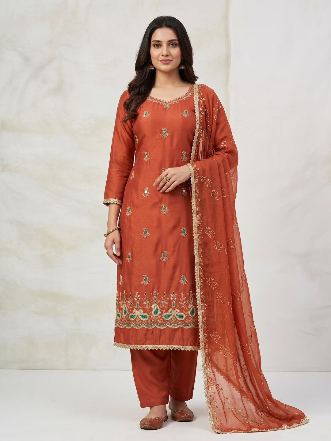 Graceful Rust Embroidered Cotton Silk Dress Material With Beads & Mirror Handwork - Image 3